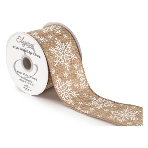63mm Wired Edge Christmas Burlap Snowflake Ribbon - 10 Yard Roll