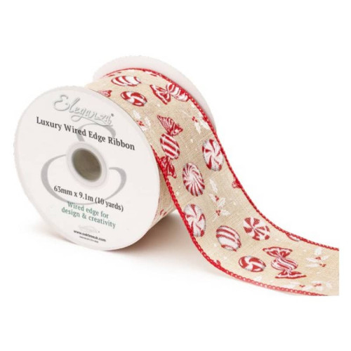63mm Wired Edge Christmas Red/White Sweeties Natural Ribbon - 10 Yard Roll