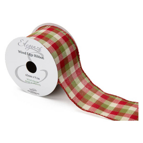 63mm Wired Edge Green and Red Chequered Ribbon - 10 Yard Roll