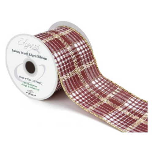 63mm Wired Edge Luxury Tartan Burgundy Gold Metallic Ribbon - 10 Yard Roll
