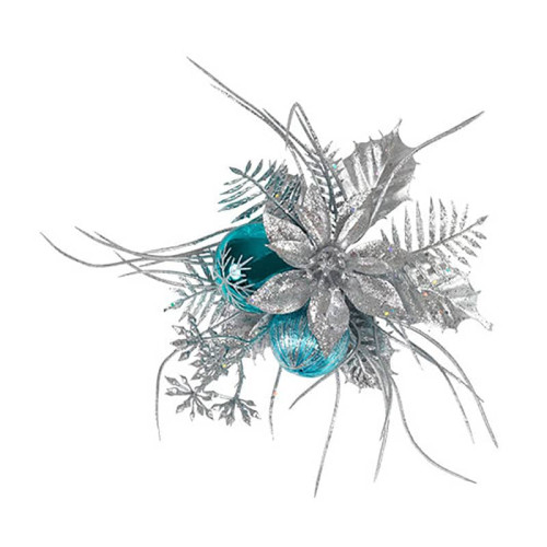 Blue and Silver Christmas Pick Holly and Fern with Poinsettia and Grass - Pack of 12