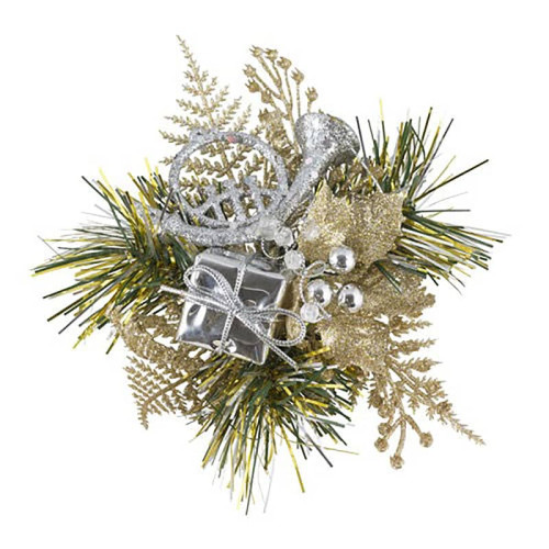 Champagne and Silver Christmas Pick with Holly and Horn - Pack of 12