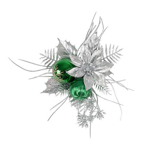 Green and Silver Christmas Pick Holly and Fern with Poinsettia and Grass - Pack of 12