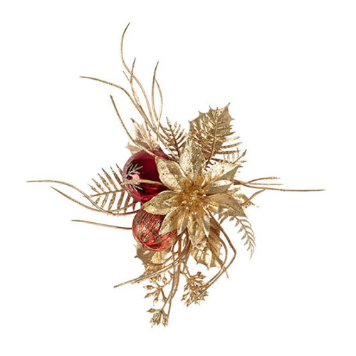 Red and Gold Christmas Pick Holly and Fern with Poinsettia and Grass - Pack of 12
