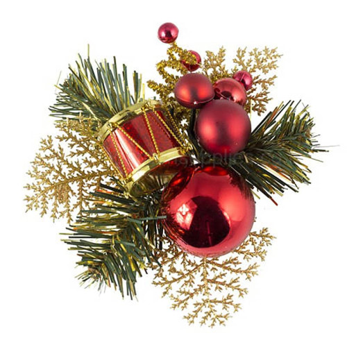 Red Christmas Pick with Drum and Baubles - Pack of 12