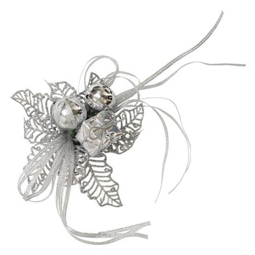 Silver Christmas Pick Holly with Bell, Silk Ball and Gift Box - Pack of 12