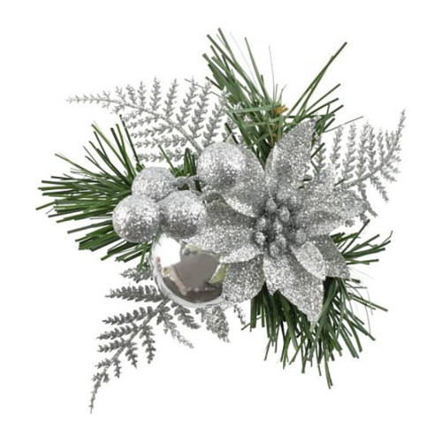Silver Christmas Pick with Glitter Poinsettia - Pack of 12