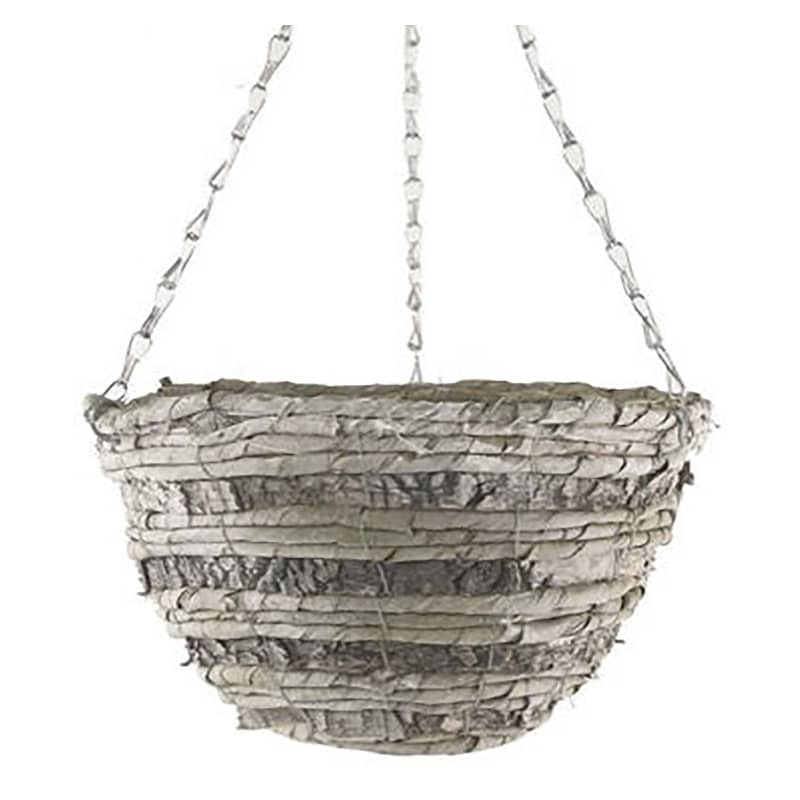 14 Inch Round Green Rope and Birch Hanging Basket